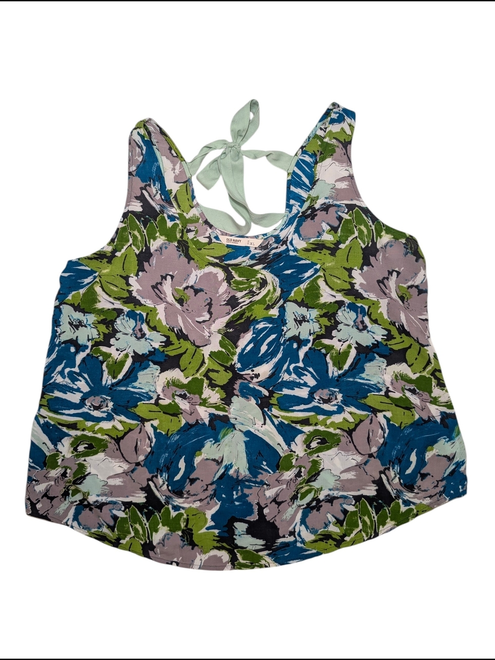 Old Navy XL Abstract Floral Scoop Neck Tank Top Blue Green Mint Tie Back Rayon